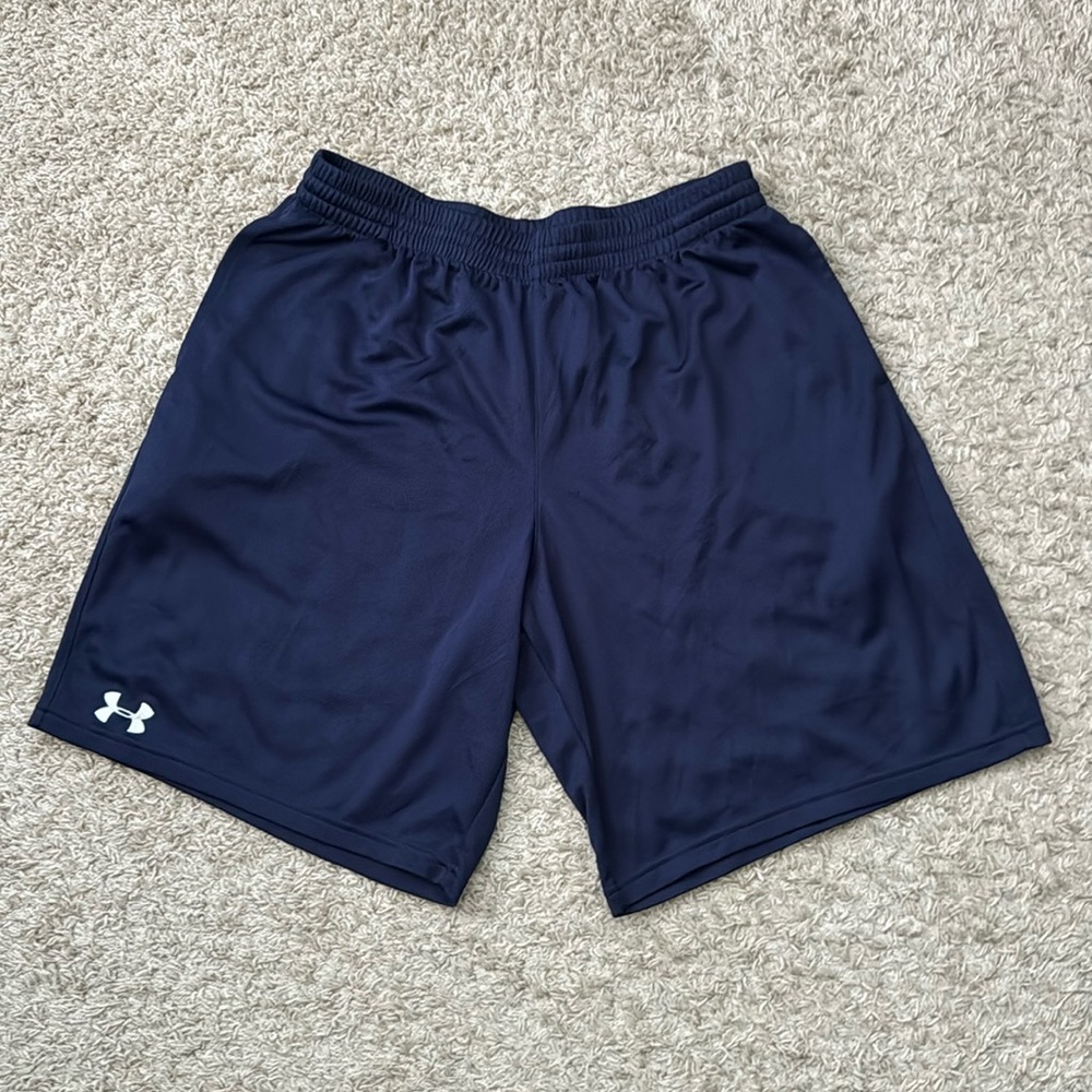 EUC Men’s Under Armour Navy/White Right Leg Logo Shorts 1201195 Size XL